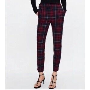 Zara Plaid Dark Academia Checkered Chino Skinny‎ Ankle Pants Blue Red Size S